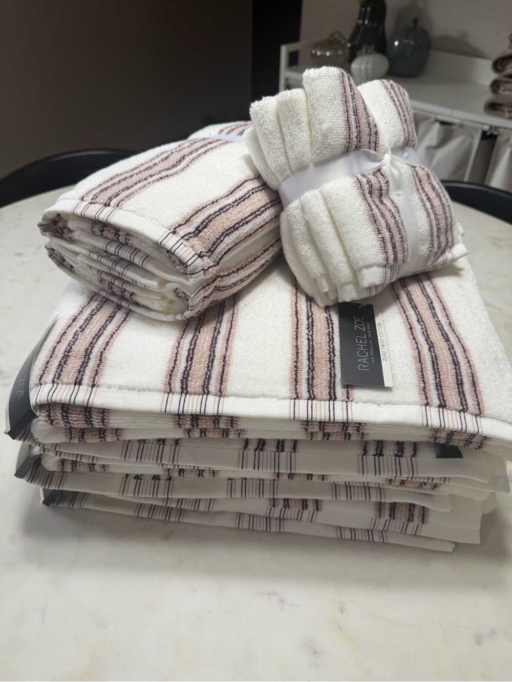 Rachel Zoe Cream and Pink Striped Bath Towel Set